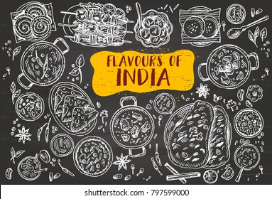 Hand drawn Indian food on a blackboard, Vector Illustration