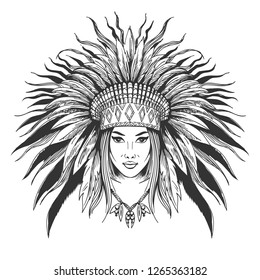 Hand drawn indian girl in feathers war bonnet. Vector illustration.