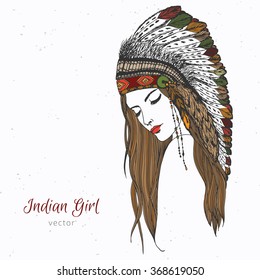 Hand drawn indian girl in war bonnet with feathers. Colored