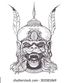 Hand drawn Indian God Hanuman with the monkey face on a white background. Grunge print. Vintage style. 
