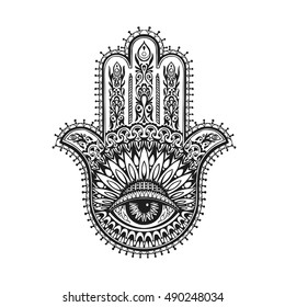 Hamsa india dibujada a mano con adornos étnicos. Ilustración del vector