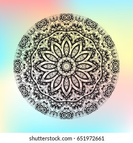 Hand drawn Indian ornament Mandala in a lightweight holographic background.Can be used for mehendi design, textile printing and phone.