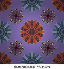 Hand drawn indian seamless pattern with colorful mandalas. Lilac, blue, orange, grey. Vector.