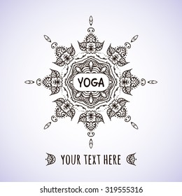 Hand drawn Indian style frame on a teal background with a place for your text for a yoga class. Circle Boho wreath for invitations, save the date or wedding card design. Yoga Meditation Logo Graphic