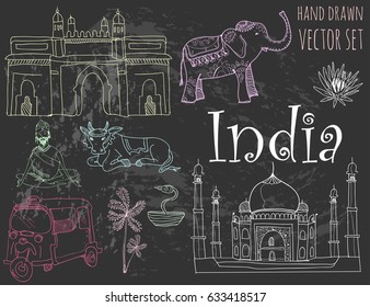 Hand drawn indian symbols. Vector colored isolated elements. Chalk style