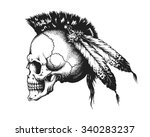 Hand drawn Indian warrior skull with mohawk. Vector illustration