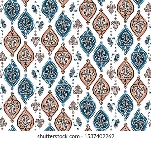 Hand Drawn Indienne Paisley Motif Seamless Pattern. Ornate Arabesque Ornamental on White Background. Painted Ogee Bohemian Damask Textile. Packaging, Wallpaper All Over Print in Vector Eps 10 Tile. 
