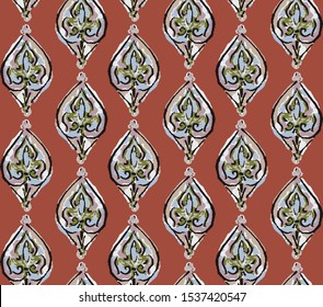 Hand Drawn Indiennne Paisley Motif Seamless Pattern. Ornate Arabesque Ornamental on White Background. Painted Ogee Bohemian Damask Textile. Packaging, Wallpaper All Over Print in Vector Eps 10 Tile. 