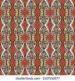 Hand Drawn Indiennne Paisley Motif Seamless Pattern. Ornate Arabesque Ornamental Vertical Stripe Background. Painted Ogee Boho Damask Textile. Packaging, Wallpaper All Over Print Vector Eps 10 Tile. 