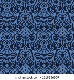 Hand drawn indigo blue arabesque floral ornament damask illustration. Seamless vector purple lilac pattern. Baroque roccoco style all over print. Intricate decorative line art. Wallpaper, home decor