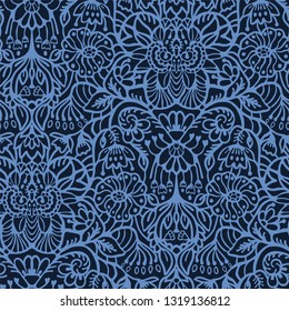 Hand drawn indigo blue arabesque floral ornament damask illustration. Seamless vector purple lilac pattern. Baroque roccoco style all over print. Intricate decorative line art. Wallpaper, home decor