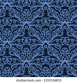 Hand drawn indigo blue arabesque floral ornament damask illustration. Seamless vector purple lilac pattern. Baroque roccoco style all over print. Intricate decorative line art. Wallpaper, home decor.