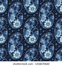 Hand drawn indigo blue flower paisley damask illustration. Seamless vector pattern all over print with traditional arabic indian style foulard drop motif. Decorative shawl design, elegant home decor.