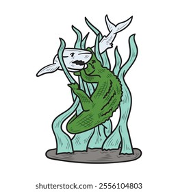 Hand Drawn Indonesia Landmark Illustration Colored - Statue of Suro and Boyo