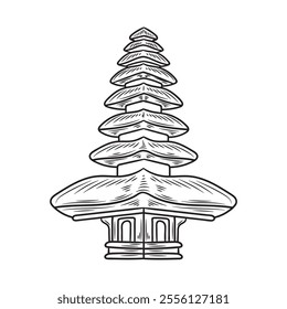 Hand Drawn Indonesia Landmark Illustration Colorless - Kintamani Balinese Temple