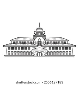 Hand Drawn Indonesia Landmark Illustration Colorless - Sate Building Bandung