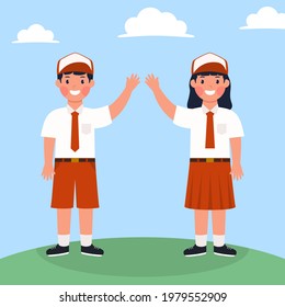 Hand drawn Indonesian elementary school boy and girl student character vector design