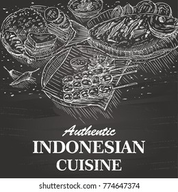 Hand Drawn of Indonesian Food on a Blackboard, vector