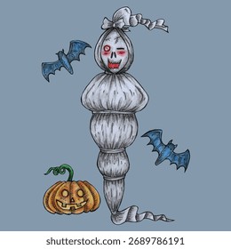 Dibujado a mano Fantasma indonesio Pocong Helloween diseño de ilustración