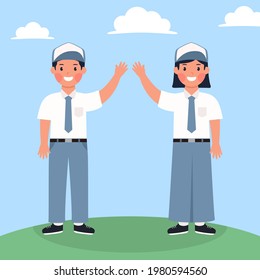 Hand drawn Indonesian senior high school boy and girl student character standing vector design