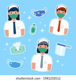 Hand drawn Indonesian students with new normal corona virus prevention starter kit sticker collection vector design