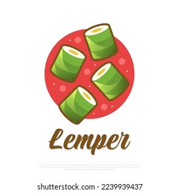 Hand Drawn Indonesian Traditional Food Named Lemper. Sticky Rice Filled with Chicken, Wrapped in Banana Leaves