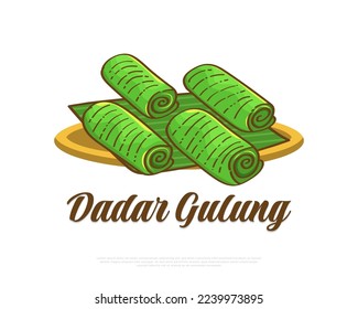 Hand Drawn Indonesian Traditional Food Named Dadar Gulung. Indonesian Snack, Sweet Pancake Rolls Filled with Grated Coconut