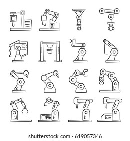 hand drawn industrial robot icon set
