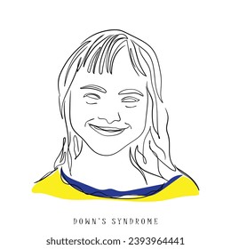 Hand drawn ine art vector of a cute girl smiling. Downs syndrome awareness and assistance concepts 