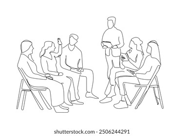 Hand drawn ine art vector of Group Therapy Addiction Treatment Concept. Counseling with Psychologist on Psychotherapist Session. Doctor Psychologist Counseling with Diseased Patients.