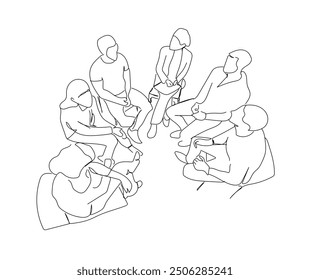 Hand drawn ine art vector of Group Therapy Addiction Treatment Concept. Doctor Psychologist Counseling with Diseased Patients. Counseling with Psychologist on Psychotherapist Session. 