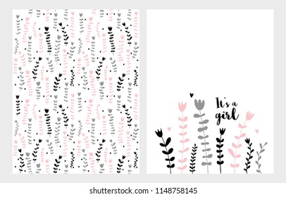 Hand Drawn Infantile Floral Vector Illustrations Set. Pink, Grey and Black Flowers on a White Background Pattern. Pink, Grey and Black Flowers with Black It's a Girl Text Card. Simple Abstract Design.