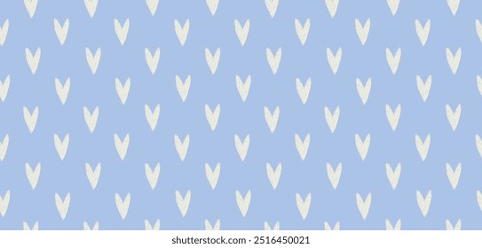 Hand Drawn Infantile Style Vector Pattern with Ivory Hearts on a Light Powder Blue Background. Cute Simple Irregular Pattern with Tiny Hearts. Pastel Blue Endless Romantic Print. RGB. 