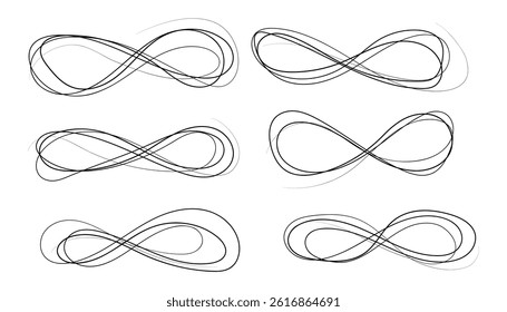 Hand drawn infinite scribble set. ornate frames, scroll swirls element. round scribbles. hand draw continuous line. sketch vector drawing