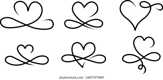 hand drawn infinity love set forever lines Black color, Hand drawn infinite heart icons. Endless love symbol with infinity icon, isolated on transparent background, for family, wedding, love story.