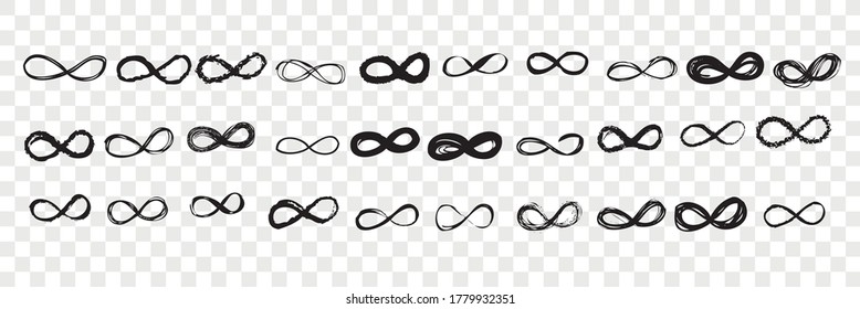 Hand drawn infinity sign doodle set. Collection of pen ink pencil drawing sketches of inverted eight number isolated on transparent background. Illustration of mathematical symbol of piece