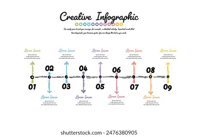 Hand drawn infographic. 9 steps with text boxes can be used for timeline. Diagram for workflow. Can be used for workflow layout, process diagram, flow chart. Vector illustration.