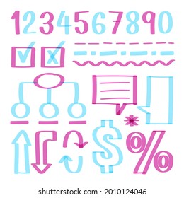 Conjunto de elementos Infográficos dibujados a mano. Plantilla de presentación dibujada a mano en la escuela. Construcción a mano alzada, boceto gráfico. Ilustración vectorial. 