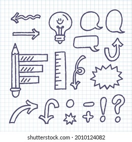 Conjunto de elementos Infográficos dibujados a mano. Plantilla de presentación dibujada a mano en la escuela. Construcción a mano alzada, boceto gráfico. Ilustración vectorial. 