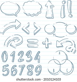 Conjunto de elementos Infográficos dibujados a mano. Plantilla de presentación dibujada a mano en la escuela. Construcción a mano alzada, boceto gráfico. Ilustración vectorial. 