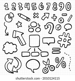 Conjunto de elementos Infográficos dibujados a mano. Plantilla de presentación dibujada a mano en la escuela. Construcción a mano alzada, boceto gráfico. Ilustración vectorial. 