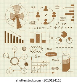 Conjunto de elementos Infográficos dibujados a mano. Plantilla de presentación dibujada a mano en la escuela. Construcción a mano alzada, boceto gráfico. Ilustración vectorial. 