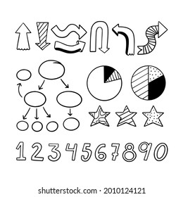 Conjunto de elementos Infográficos dibujados a mano. Plantilla de presentación dibujada a mano en la escuela. Construcción a mano alzada, boceto gráfico. Ilustración vectorial. 