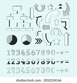 Conjunto de elementos Infográficos dibujados a mano. Plantilla de presentación dibujada a mano en la escuela. Construcción a mano alzada, boceto gráfico. Ilustración vectorial. 