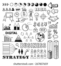 Hand drawn infographic elements: business, finance, digital, marketing icons