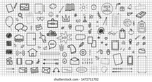 Hand drawn infographic elements. Education concept. Abstract pattern with school supplies. Graphic paper background. Checkered texture. Back to school. Black and white illustration