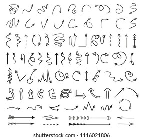 Hand drawn infographic elements on white. Black arrows. Line art. Set of different signs
