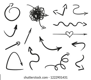 Hand drawn infographic elements on white. Black arrows. Line art. Set of different signs