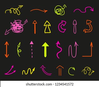 Hand drawn infographic elements on black. Abstract arrows. Line art. Right and left direction pointers. Doodles for banners, posters, flyers and textiles