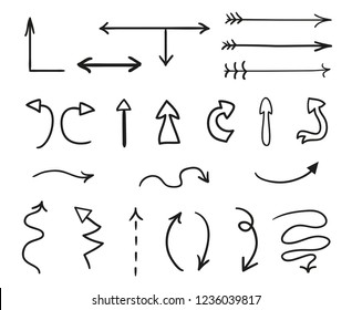 Hand drawn infographic elements on white. Abstract arrows. Line art. Set of different signs. Black and white illustration. Doodles for artworks